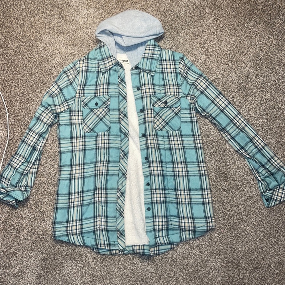 Blue fleece flannel with hoodie